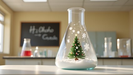 Tiny decorated christmas tree inside glass beaker on a chemistry lab room, fun science holiday concept