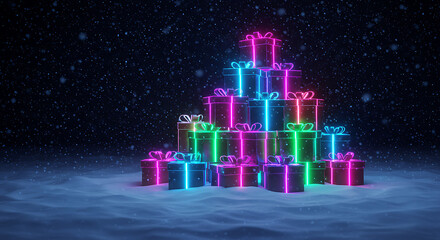 Illuminated Gift Mountain: A radiant display of festive generosity, showcasing a tiered stack of neon-lit gift boxes in vibrant colors, symbolizing the spirit of celebration. 