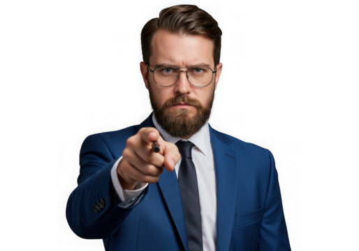 Businessman pointing finger at viewer isolated on transparent background