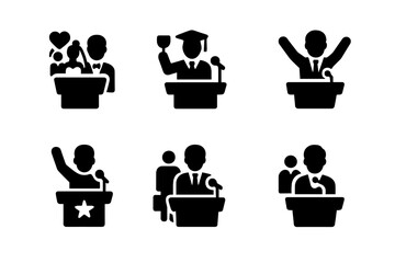 Speech Icons Grid. Solid, filled icon set of speech occasions: wedding speech, graduation toast, business pitch, motivational speech, farewell address, award