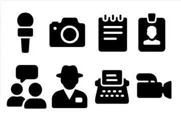 Journalism Icon Set. Solid, filled icon set of newspaper journalism: microphone, camera, notepad, press badge, interview, journalist, typewriter, video