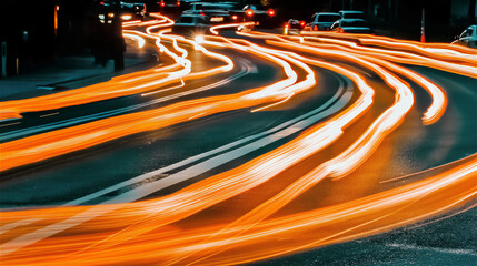 Long exposure of colorful light trails from night traffic on curved highway. Abstract urban transportation concept with streaking car lights creating dynamic motion patterns with copy space.