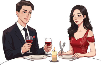 Smiling Couple on Romantic Dinner Date, Drinking Wine, Candlelight Meal, Celebrating Love, Restaurant Fine Dining and Relationship Vector Illustration

.