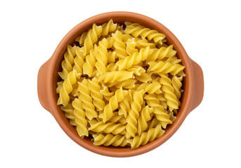 Fusilli pasta in terracotta bowl isolated, uncooked spiral pasta ready for cooking healthy Italian cuisine