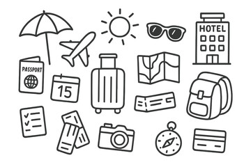 Beach Vacation Doodles. Hand-drawn doodle illustration Beach vacation preparation beach umbrella, sun, sunglasses, suitcase, passport, airplane, hotel, map,