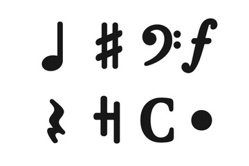 Orchestra Symbol Icons. Solid, filled icon set of orchestra music elements: notes, rests, clefs, dynamics, tempo, time signature, key signature, articulation.