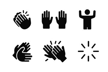 Obraz premium Applause Gesture Icons. Solid, filled icon set of applause gestures: clapping hands, raised hands, slow clap, enthusiastic clap, one-hand clap, hands above