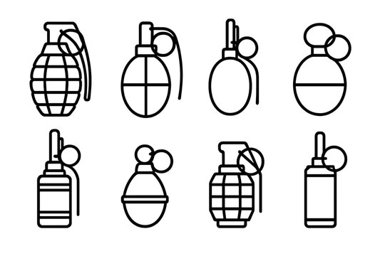Historical Grenade Icons. Outline icon set of grenade historical models: Mk2 grenade, F1 grenade, RGD- grenade, M67 grenade, No. grenade, V40