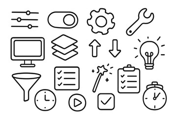 Hand-drawn Control Icons. Hand-drawn doodle illustration control preset sliders, toggle switch, gear, wrench, computer screen, layers panel, light bulb,