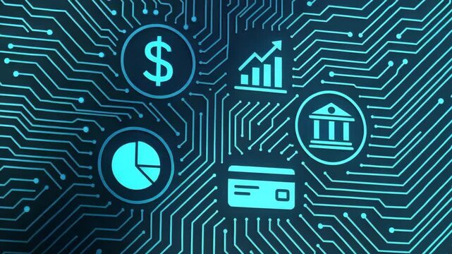 Futuristic digital finance symbols on a circuit board background, representing currency, growth, and banking concepts.