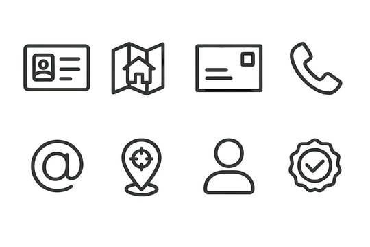 Security and Identity Icons. Outline icon set of receiver details: personal ID, delivery address, postal code, phone number, email address, GPS coordinates,