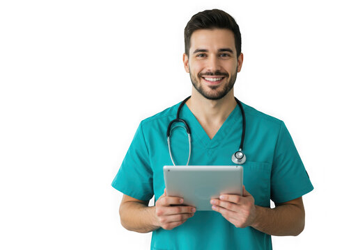 Smiling doctor in scrubs holding a tablet isolated on transparent background