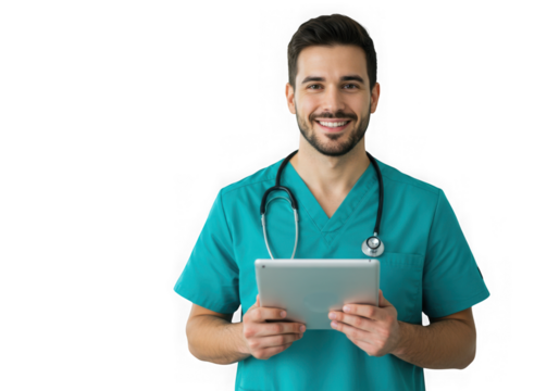 Smiling doctor in scrubs holding a tablet isolated on transparent background