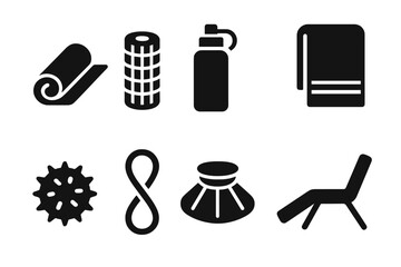 Fototapeta premium Cool Down Equipment Icons. Solid, filled icon set of cool down equipment: yoga mat, foam roller, water bottle, towel, massage ball, resistance band, ice pack,