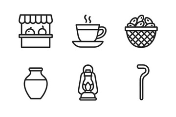 Iraqi Life Icons. Outline icon set of Iraqi daily life: market stall, tea cup, carpet loom, date basket, clay pot, lantern, water jug, shepherd staff. Line