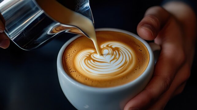 Pouring milk into coffee cup creating latte art design with hands holding cup and metal pitcher
