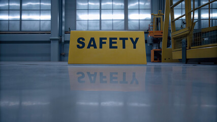Prominent yellow 'SAFETY' sign in industrial setting emphasizing workplace awareness and protection