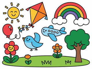 Fototapeta premium Colorful doodle dreamscape hand drawn children illustration with flying clouds birds kites butterflies sun flowers grass and smiling characters in whimsical vector artwork