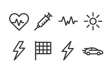 Adrenaline Icon Set. Outline icon set of heart and adrenaline: heart pulse, adrenaline syringe, heartbeat, energy burst, electric shock, lightning bolt, racing
