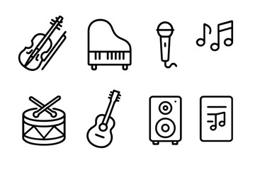 Music Ceremony Icons. Outline icon set of ceremony music: violin, piano, microphone, music notes, drum, guitar, speaker, sheet music. Line icons in only black