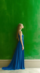 Woman in flowing blue gown standing against green wall. Side view of elegant female model in long formal dress creating minimalist fashion portrait with striking color contrast.