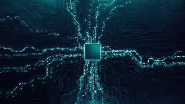 Animated current flow on circuit board. Digital technology background. Computer processor CPU concept. Digital chip on motherboard. Free copy space for text or logo. 3D microchip abstract backdrop
