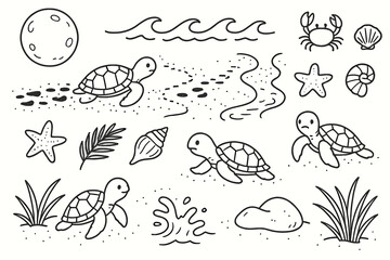 Fototapeta premium Turtle Hatchling Adventure. Hand-drawn doodle illustration Sea turtle hatchlings journey baby turtles, sand, footprints, waves, moon, crab, shell, beach grass,
