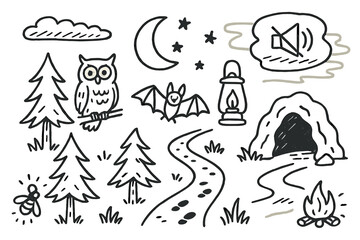 Nighttime Doodle Scene. Hand-drawn doodle illustration darkness outdoors night sky, moon, stars, trees, shadow, owl, bat, lantern, path, footprints, cloud,