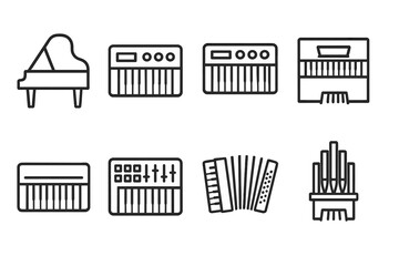 Keyboard Icon Set. Outline icon set of keyboard types: grand piano, electric keyboard, synthesizer, organ, digital piano, MIDI controller, accordion keyboard,
