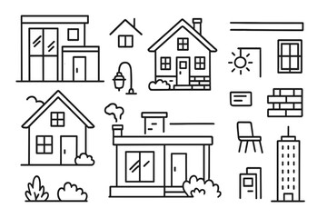 Fototapeta premium Home Design Doodle. Hand-drawn doodle illustration exterior home design styles modern house, traditional house, pitched roof, flat roof, glass windows, wooden