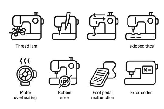 Sewing Machine Icons. Outline icon set of sewing machine troubleshooting: thread jam, needle breakage, tension issue, skipped stitches, motor overheating,