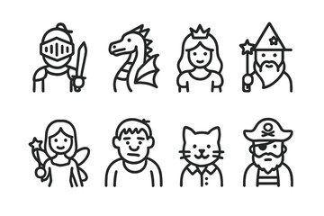 Storybook Character Icons. Outline icon set of storybook characters: knight, dragon, princess, wizard, fairy, giant, talking animal, pirate. Line icons in only