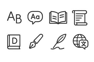 Language and Tradition Icons. Outline icon set of languages and writing: alphabet letters, speech bubble, book, scroll, dictionary, pen, calligraphy,