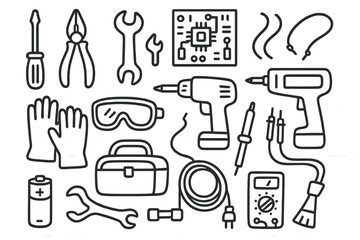 Appliance Repair Tools Icons. Hand-drawn doodle illustration appliance repair screwdriver, pliers, wrench, circuit board, wires, gloves, safety goggles, drill,