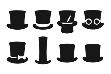 Top Hat Icon Collection. Solid, filled icon set of top hats: classic top hat, silk top hat, magician?s top hat, vintage top hat, steampunk top hat, wedding top