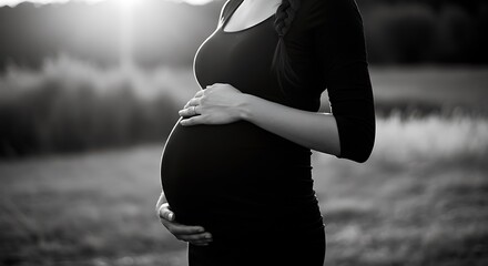 Black and white image of a pregnant woman cradling her baby bump in an outdoor setting