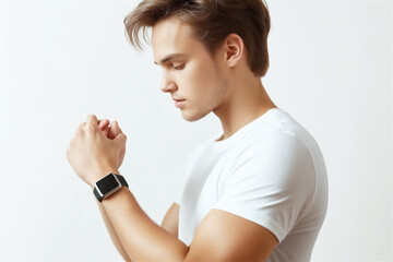 Profile view of man in white t-shirt examining smartwatch, showcasing technological curiosity and engagement with modern wearable device in minimalist setting.