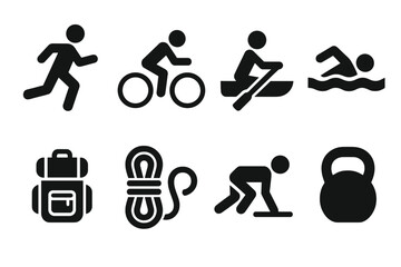 Naklejka na ściany i meble Endurance Sports Icons. Solid, filled icon set of endurance sports: marathon runner, cycling bike, rowing boat, swimming lane, hiking backpack, climbing rope,