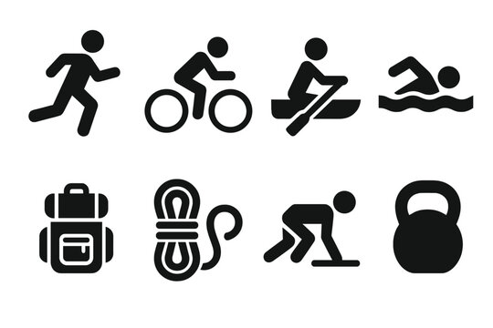 Endurance Sports Icons. Solid, filled icon set of endurance sports: marathon runner, cycling bike, rowing boat, swimming lane, hiking backpack, climbing rope,