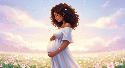Serene Expectant Mother Embracing New Life in a Dreamy Flower Meadow Under a Gentle Sky, Symbolizing Hope and Maternal Love
