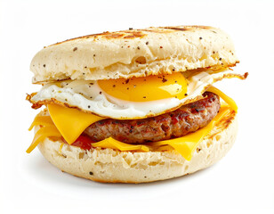 English muffin sandwich with a sausage patty, egg and cheese. AI