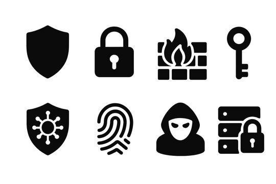 Cybersecurity Icon Set. Solid, filled icon set of cybersecurity: shield, padlock, firewall, key, antivirus, fingerprint, hacker mask, secure server. [Line