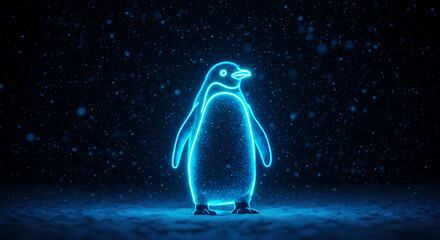 Glowing Penguin Neon: A striking neon silhouette of a penguin radiates a captivating glow against a dark backdrop. The artwork showcases modern artistry with a touch of playful charm. 