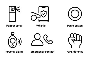 Personal Security Icons. Outline icon set of personal security: pepper spray, whistle, safety app, panic button, personal alarm, emergency contact, GPS