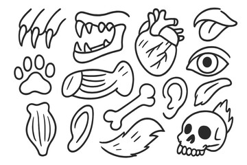 Naklejka premium Carnivore Anatomy Doodles. Hand-drawn doodle illustration carnivore anatomy teeth, claws, paw print, jaw, muscle, bone, heart, eye, nose, ear, tongue, tail,