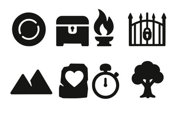Symbols of Permanence. Solid, filled icon set of symbols of permanence: carved stone circle, sealed chest, eternal flame, locked gate, twin mountains, heart in