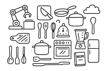 Cooking Automation Doodle. Hand-drawn doodle illustration Cooking automation robot arm, cutting board, knife, pan, pot, spoon, spatula, whisk, oven, stove,
