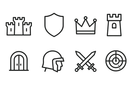 Territorial Control Icon Set. Outline icon set of territorial control: fortress, shield, crown, watchtower, gate, soldier helmet, crossed swords, radar. Line