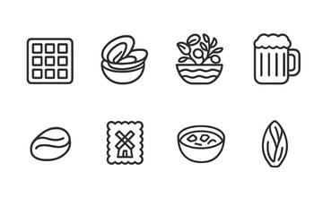 European Icon Sets. Outline icon set of Spanish nature and wildlife: iberian lynx, cork oak, olive tree, Mediterranean sea, mountain, flamingo, eagle, cactus.