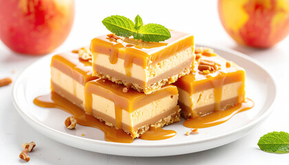 Caramel apple cream bars cut into squares, white plate. AI